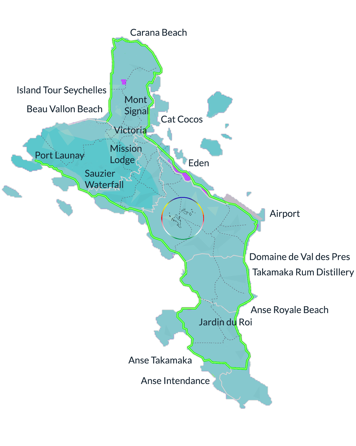 Карта на Махе с всички възможни туристически точки, които можете да изберете за личната си обиколка
