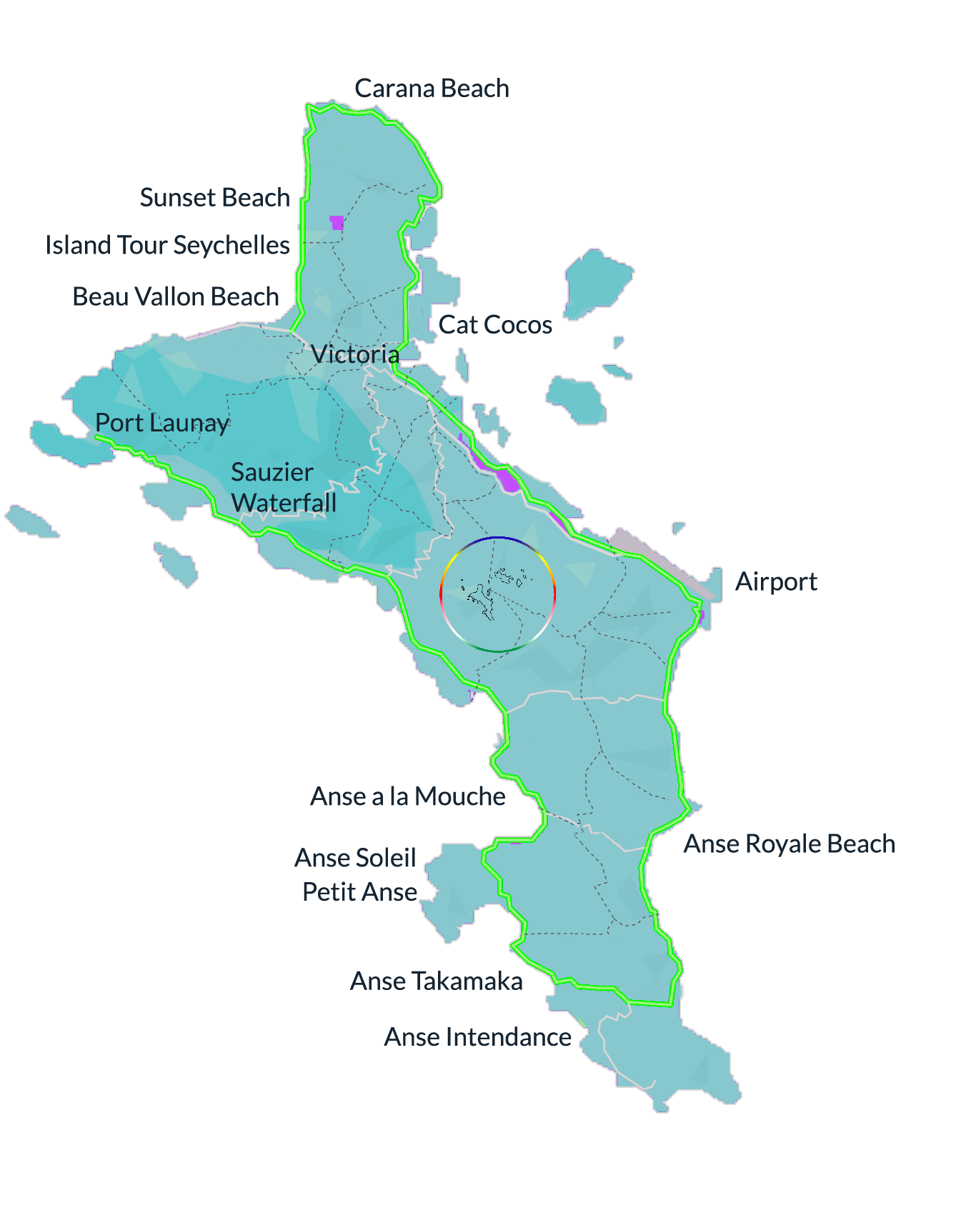 Karta över Mahé med alla våra möjliga stränder som du kan välja för din personliga tur.