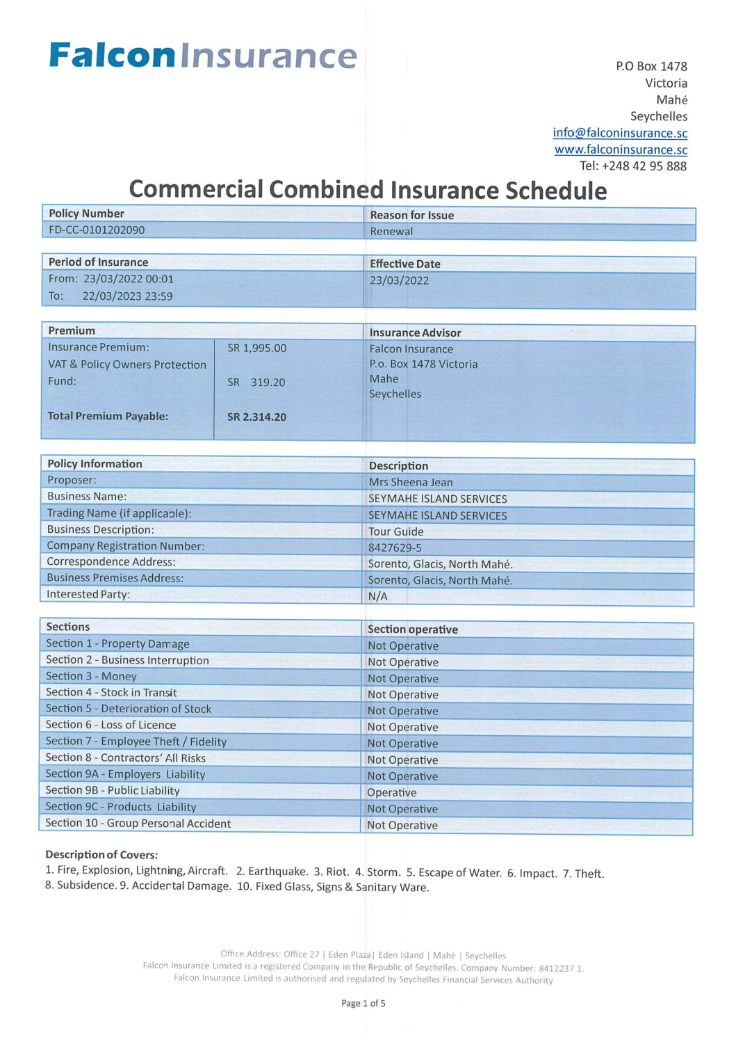 Försäkringsbrev för kombinerade kommersiella försäkringar SEYMAHE ISLAND SERVICES 2022 pdf